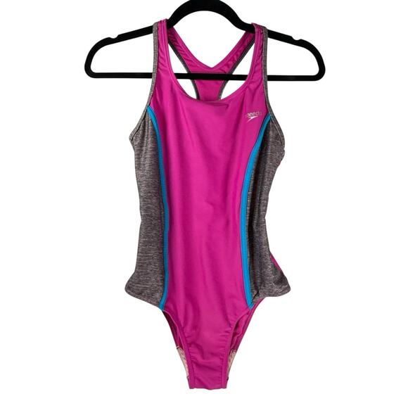 SPEEDO Girls SIZE 14 Fuchsia Pink Gray 1Piece Racerback Sporty Swimsuit Silicone - Picture 1 of 12